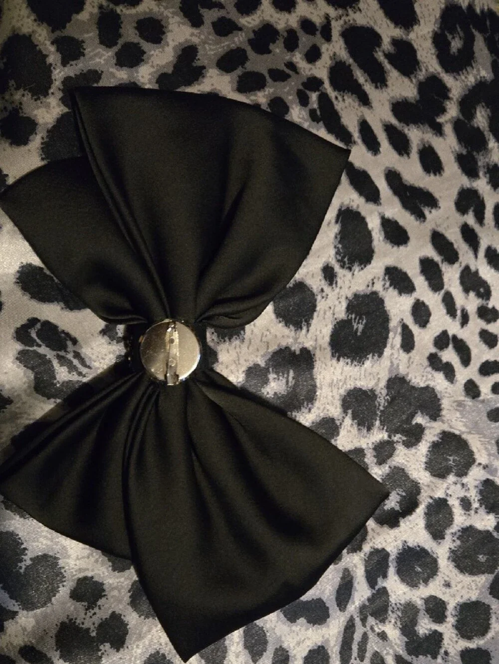 Elegant Black Satin Bow Hair Clip with Rhinestone Accent